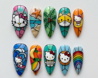Hello Kitty Nails Press On Nails Cute 3D Beach Nails Kawaii Stained Glass Nails Summer Hawaii Fake Nails Ocean Fruit Press Ons Rainbow Gift