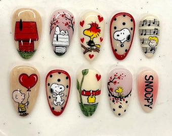 Kawaii 3D Snoopy Press On Nails Cute Charlie Brown Fake Nails Woodstock Press Ons Red Heart Ballon Cherry Blossom Schroeder Music Notes Nail