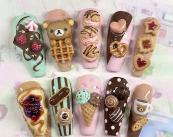 Cute Rilakkuma Press On Nails Handmade Custom Fake Nails 3D Teddy Bear Waffle Ice Cream Chocolate Truffles Cookies Cheesecake Pink Brown