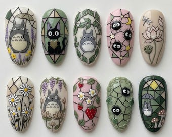 Studio Ghibli Nails Press On Nails Cute 3D Totoro Fake Nails Kawaii Stained Glass Nails Summer Jiji Cat Press On Soot Sprite Strawberry Gift