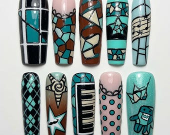 Domo Kun Nails Press On Nails Cute 3D Rock Star Nails Kawaii Stained Glass Nails Summer Teal Fake Nails Piano Music Note Press Ons Star Gift