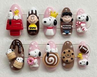 Kawaii Snoopy Press On Nails Cute 3D Charlie Brown Fake Nails Pink Lucy Peanuts Press Ons Kawaii Woodstock Dessert Donut Cookie Summer Nails