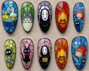 Studio Ghibli Nails Press On Nails Cute 3D Totoro Fake Nails Kawaii Stained Glass Nails Summer Calcifer Press Ons No Face Ponyo Fake Nails
