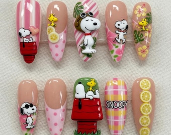 Snoopy Nails Press On Nails Cute 3D Character Fake Nails Pilot Snoopy Tropical Hibiscus Press Ons Kawaii Woodstock Lemon Summer Gift Nails