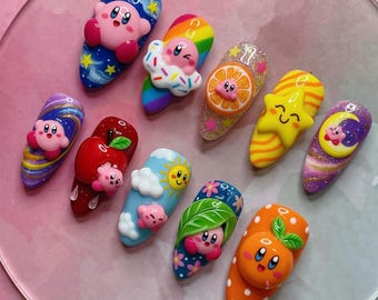 Summer Press On Nails Kirby Cute 3D Handmade Nails Custom Fake Glue On Nails Kawaii Gamer Waddle Dee Rainbow Star Apple Orange Fruit Sky