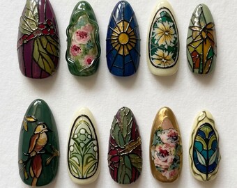 Art Nouveau Nails Stained Glass Press On Nails Cute 3D Dragonfly Nails Kawaii Emerald Green Nails Summer Luxury Fake Nails Floral Gift Nails