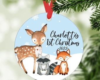 Babys First Christmas Ornament Personalized, Woodland Animals Ornaments, Christmas Gift for New Mom