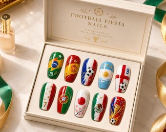 Football Fiesta Press On Nails, National Team Flag & Soccer Ball Nail Art, World Cup Fan False Nails, Sports Theme Luxury Reusable Manicure!