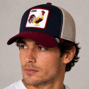 Rooster "COCK" Embroidered Trucker Hat | Navy & Burgundy Mesh Snapback Cap | Adjustable Unisex Baseball Hat