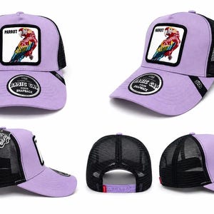 Puede incluir: Una gorra snapback de color morado claro con parte trasera de malla negra y un parche cuadrado en el panel frontal que muestra una ilustración de un loro colorido con el texto PARROT. Una pegatina circular en la visera dice BASIC CAP SNAPBACK.