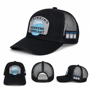 May include: A black trucker cap featuring a grey patch on the front with a light blue beer mug graphic and the text "DRINKING WEEKEND FORECAST". The side panel displays a small rectangular patch with the text "DAL AUS HOU" and three beer mugs.