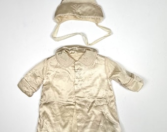 Vintage Cream Satin Christening Coat and Bonnet Set Embroidered Baby Baptism