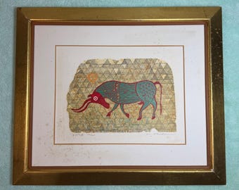 Masao Ohba Ancient Cow Japanese Woodblock Print Signed Limited Edition 24/200