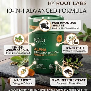 May include: A green cylindrical container of Root Labs Alpha Himalayan Natural Shilajit Gummies. The label highlights ingredients like KSM-66 Ashwagandha, Maca Root, and Black Pepper Extract. The text reads "10-in-1 Advanced Formula" and "Stress & Stamina Support".