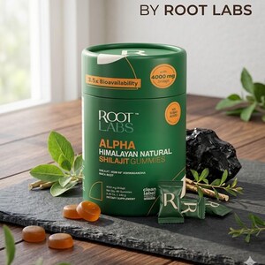 May include: A green cylindrical container of Root Labs Alpha Himalayan Natural Shilajit Gummies. The container has text and graphics, including "3.5x Bioavailability" and "4000 mg Shilajit." Several orange gummies and small green packets are in front of the container.