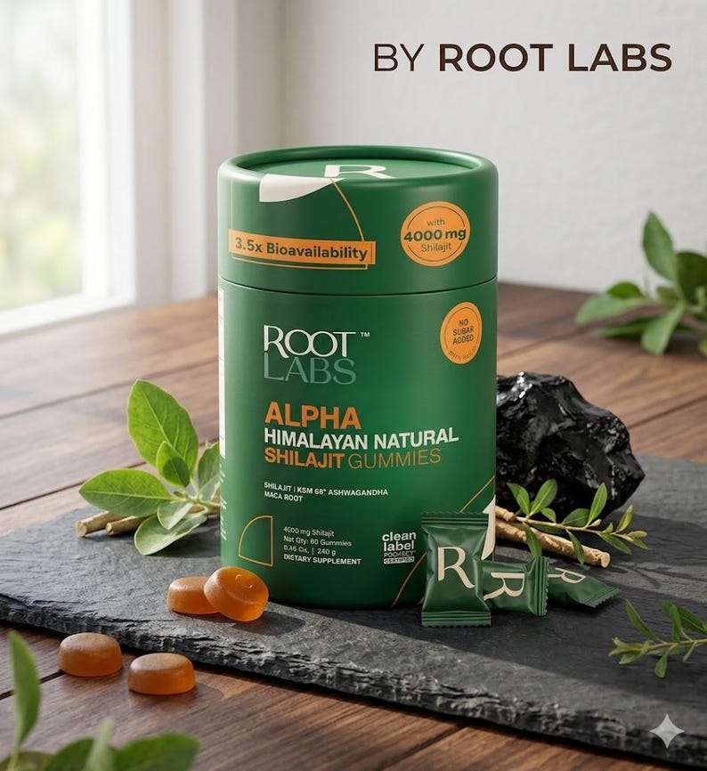 May include: A green cylindrical container of Root Labs Alpha Himalayan Natural Shilajit Gummies. The container has text and graphics, including "3.5x Bioavailability" and "4000 mg Shilajit." Several orange gummies and small green packets are in front of the container.