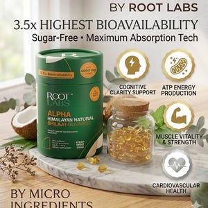 May include: An advertisement for Root Labs supplements. A green cylindrical container of "Alpha Himalayan Natural Shilajit Gummies" is next to a glass jar filled with yellow capsules. The image includes text about bioavailability, cognitive support, and muscle vitality.