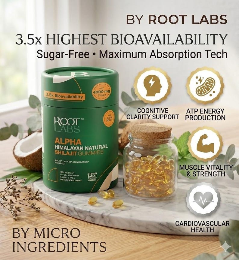 May include: An advertisement for Root Labs supplements. A green cylindrical container of "Alpha Himalayan Natural Shilajit Gummies" is next to a glass jar filled with yellow capsules. The image includes text about bioavailability, cognitive support, and muscle vitality.