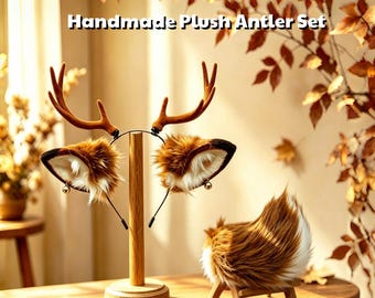 Realistic faux fur deer ear and tail set - Faux fur deer ear and tail brown white deer ear headband, Cosplay Costume Gift