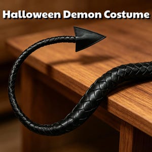 Op de afbeelding: Een zwart gevlochten demonenstaart kostuumaccessoire met een puntige driehoekige uiteinde. De tekst "Halloween Demon Costume" wordt in witte letters bovenaan de afbeelding weergegeven. De staart heeft een gebogen, flexibel ontwerp.