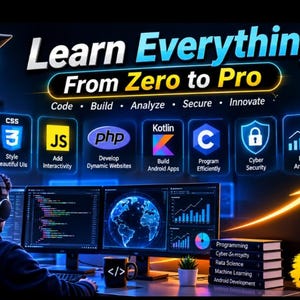 May include: A digital graphic featuring a person at a computer with monitors displaying code and a globe. Text reads: Learn Everything From Zero to Pro, Code, Build, Analyze, Secure, Innovate, and Start Your Journey Today, alongside various tech icons.