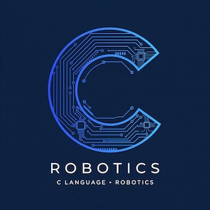 May include: A large letter C graphic designed with blue circuit board patterns and integrated microchips. Below the letter, the text reads ROBOTICS in a bold font, followed by the smaller text C LANGUAGE • ROBOTICS on a dark blue background.