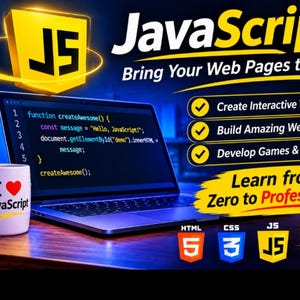 May include: A laptop displaying JavaScript code, a white mug with the text I Love JavaScript, and a yellow JS logo. Text includes JavaScript Bring Your Web Pages to Life, Create Interactive Websites, Build Amazing Web Apps, Develop Games & More.