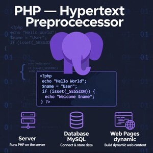May include: A purple elephant icon representing PHP Hypertext Preprocessor, featuring code snippets, a server icon, a MySQL database icon, and a web page icon with a globe. The text reads PHP Hypertext Preprocessor, Server, Database MySQL, and Web Pages dynamic.