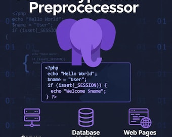 Può includere: Un'icona di elefante viola che rappresenta PHP Hypertext Preprocessor, con frammenti di codice, un'icona del server, un database MySQL e una pagina web con un globo. Il testo recita PHP Hypertext Preprocessor, Server, Database MySQL e Web Pages dynamic.