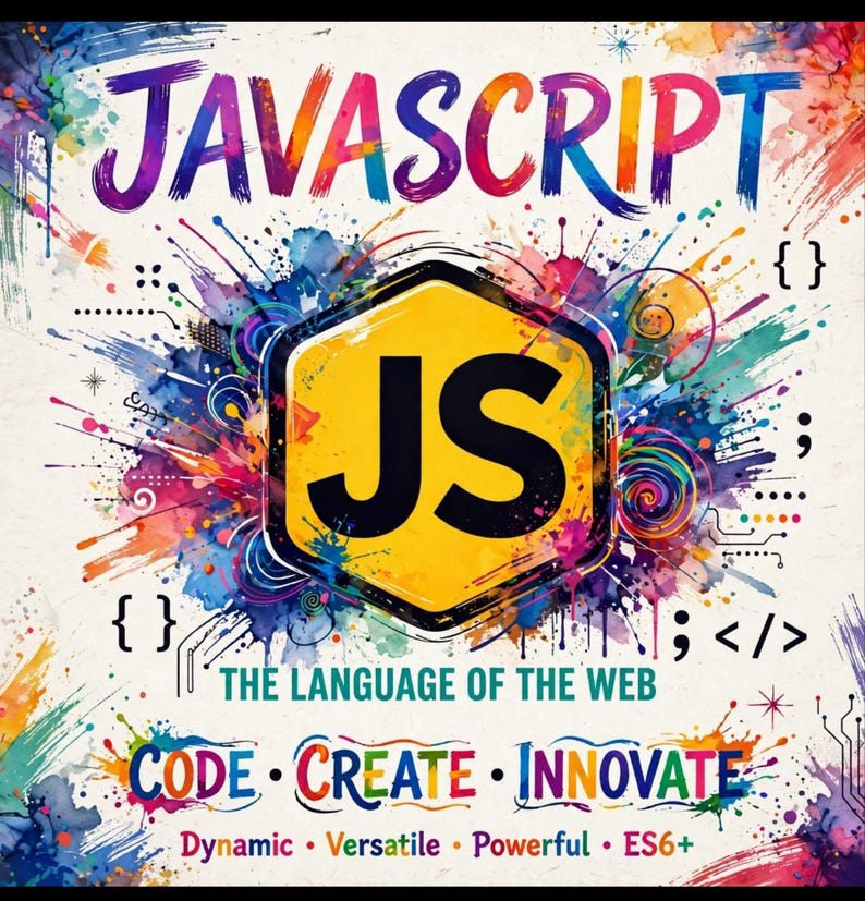 May include: A square graphic featuring the word JAVASCRIPT in colorful letters above a yellow hexagon with black JS letters. Text includes THE LANGUAGE OF THE WEB, CODE CREATE INNOVATE, and Dynamic Versatile Powerful ES6+ with paint splatters.