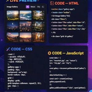 May include: A digital infographic titled Image Gallery Complete JavaScript Project displaying code snippets for HTML, CSS, and JavaScript. It features a responsive photo gallery preview, feature list, and a source code URL on a dark purple background.