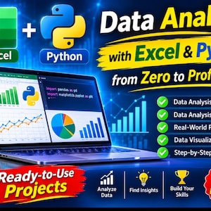 以下が含まれることがあります： ExcelとPythonのロゴが表示されたノートパソコン。画面にはデータチャートとコードが映っている。テキストには「Data Analysis with Excel & Python from Zero to Professional」、「Ready-to-Use Projects」、「Learn Everything in One Course」と記載されている。