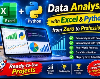 Op de afbeelding: Een laptop met gegevensgrafieken en code, inclusief logo's voor Excel en Python. De tekst luidt: Data Analysis with Excel & Python from Zero to Professional, Ready-to-Use Projects en Learn Everything in One Course, plus cursusdetails.