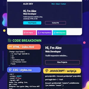 May include: A dark blue infographic titled Portfolio Website featuring a web developer project preview, code snippets for HTML, CSS, and JavaScript, and text labels including 20+ Projects, 5+ Years Experience, and 100% Responsive.