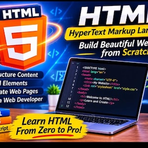 May include: A laptop displaying HTML code sits on a wooden desk next to a stack of books labeled HTML, CSS, and JavaScript. An orange HTML5 logo with a glowing ring floats above, alongside text reading Learn HTML From Zero to Pro.