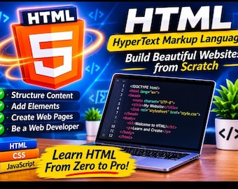 Puede incluir: Un portátil que muestra código HTML sobre un escritorio de madera junto a libros etiquetados como HTML, CSS y JavaScript. Un logotipo naranja de HTML5 con un anillo brillante flota encima, junto al texto Learn HTML From Zero to Pro.