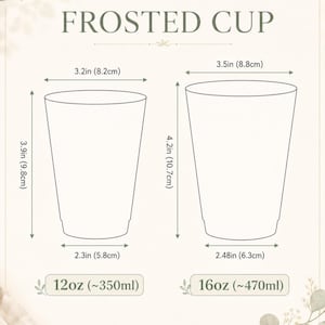 May include: A diagram titled FROSTED CUP showing two cup sizes. The 12oz cup is 3.9 inches tall, 3.2 inches wide at the top, and 2.3 inches at the base. The 16oz cup is 4.2 inches tall, 3.5 inches wide at the top, and 2.48 inches at the base.