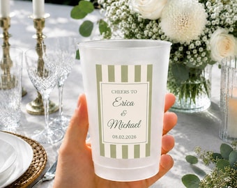 Cheers Personalized Wedding Cups, Custom Frosted Plastic Cups With Name And Date, Bachelorette Party Favors, Cabana Stripe Plastic Drinkware