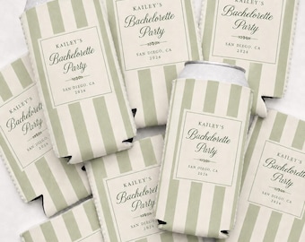 Custom Bachelorette Party Can Cooler, Bridal Shower Drinkware, Cabana Stripe Drink Coolers, Wedding Party Favors, Personalized Drink Holder