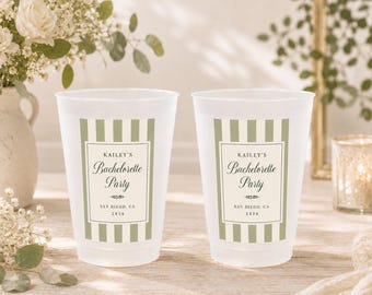 Custom Bachelorette Party Cups, Personalized Frosted Plastic Cups, Bridal Shower Drinkware, Wedding Cups, Cabana Stripe Plastic Drinkware