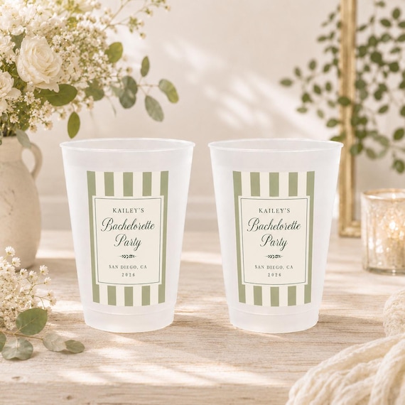 Custom Bachelorette Party Cups, Personalized Frosted Plastic Cups, Bridal Shower Drinkware, Wedding Cups, Cabana Stripe Plastic Drinkware