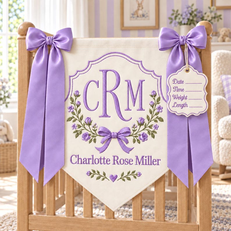 Personalized Baby Name Embroidered Banner, Custom Monogram With Birth ...