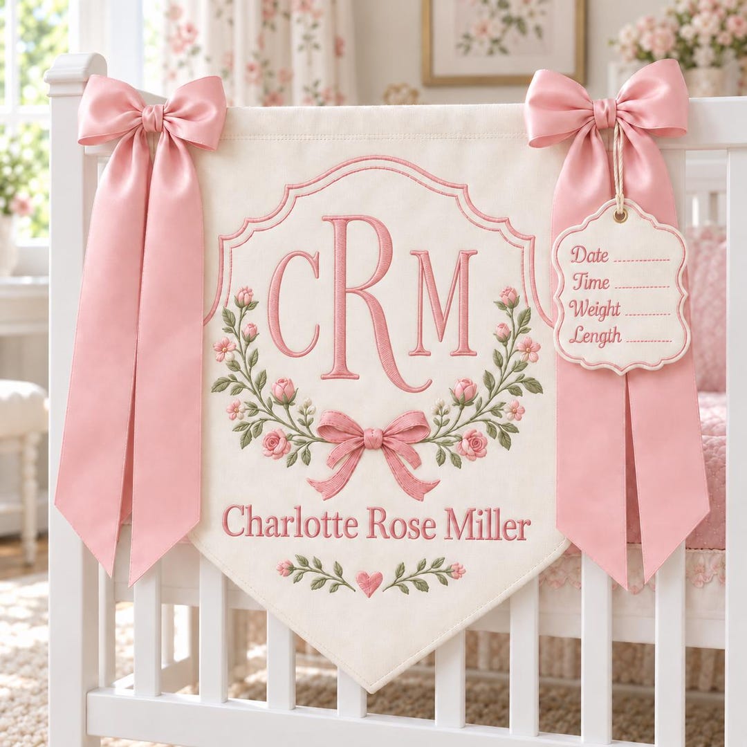 Personalized Baby Name Embroidered Banner, Custom Monogram With Birth ...