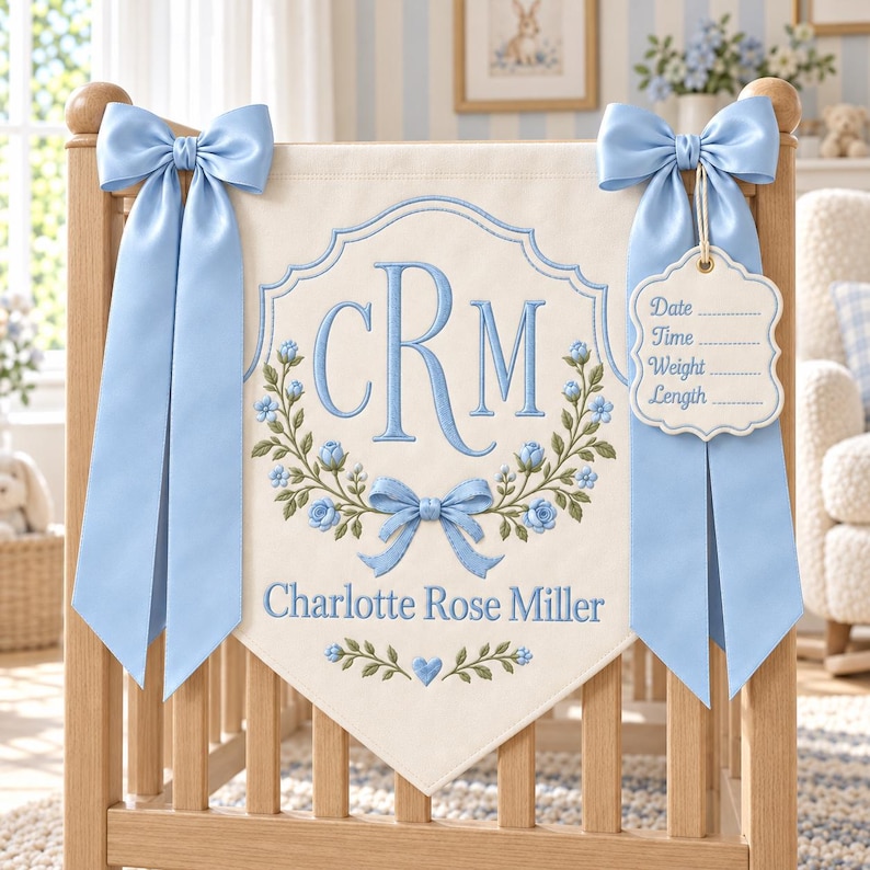 Personalized Baby Name Embroidered Banner, Custom Monogram With Birth ...