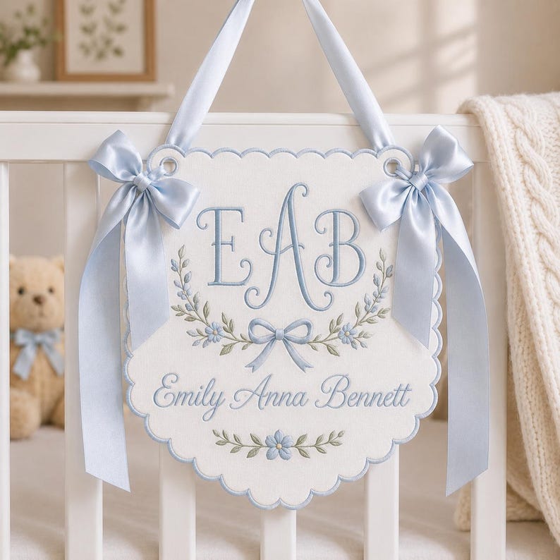 Personalized Baby Name Embroidered Banner, Custom Monogram Nursery Sign ...