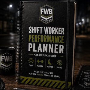 Könnte beinhalten: Ein schwarzer Shift Worker Performance Planner mit Spiralbindung, eine passende Tasse, eine Digitaluhr und ein Stift. Der Planer enthält den Text "Plan. Perform. Recover." und "Discipline Beyond the Shift."