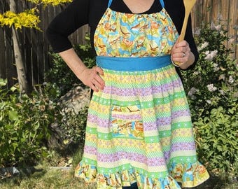 Fun and Flouncy Chef’s Bib Apron: Spring Colors, Wide Ruffles, Cute Little Pocket, Gathered Bib. Handmade with Sustainable 100% Cotton.