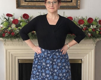 1950s Snowflake Half Apron: Dark Blue Cotton, Rickrack Accent, Handmade Waistband