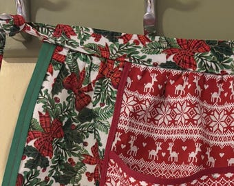 Handmade Christmas Apron, Poinsettia & Reindeer Print, Half Apron