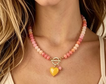 Pink Gradient Glass Crystal Beaded Choker Necklace, Toggle Clasp with Heart Charm, Adjustable Summer Boho Statement Jewelry Gift for Women